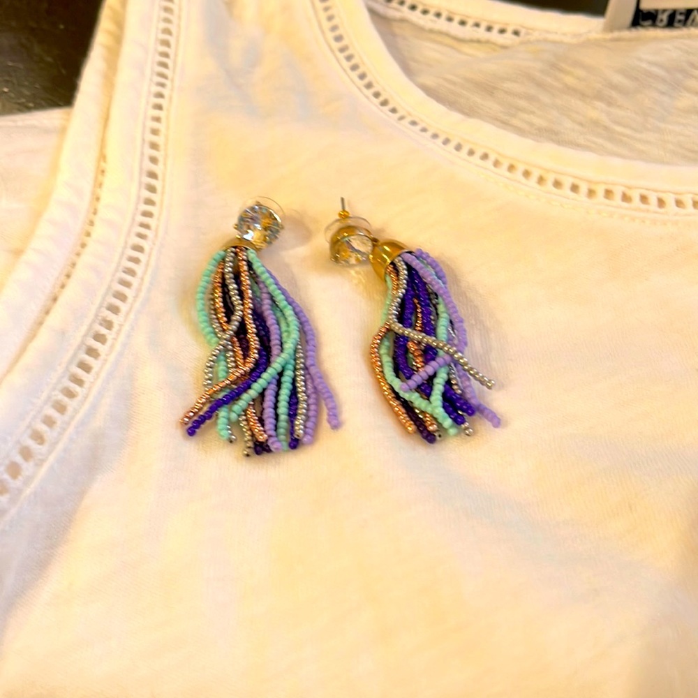 Beaded tassel earrings with rhinestone stud
